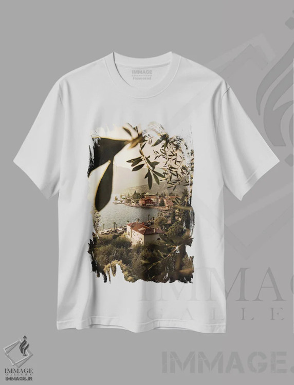 تیشرت سفید طرح دار دریاچه گاردا توربوله با قاب، مدیوم اثر انزو رومانو | immage.ir