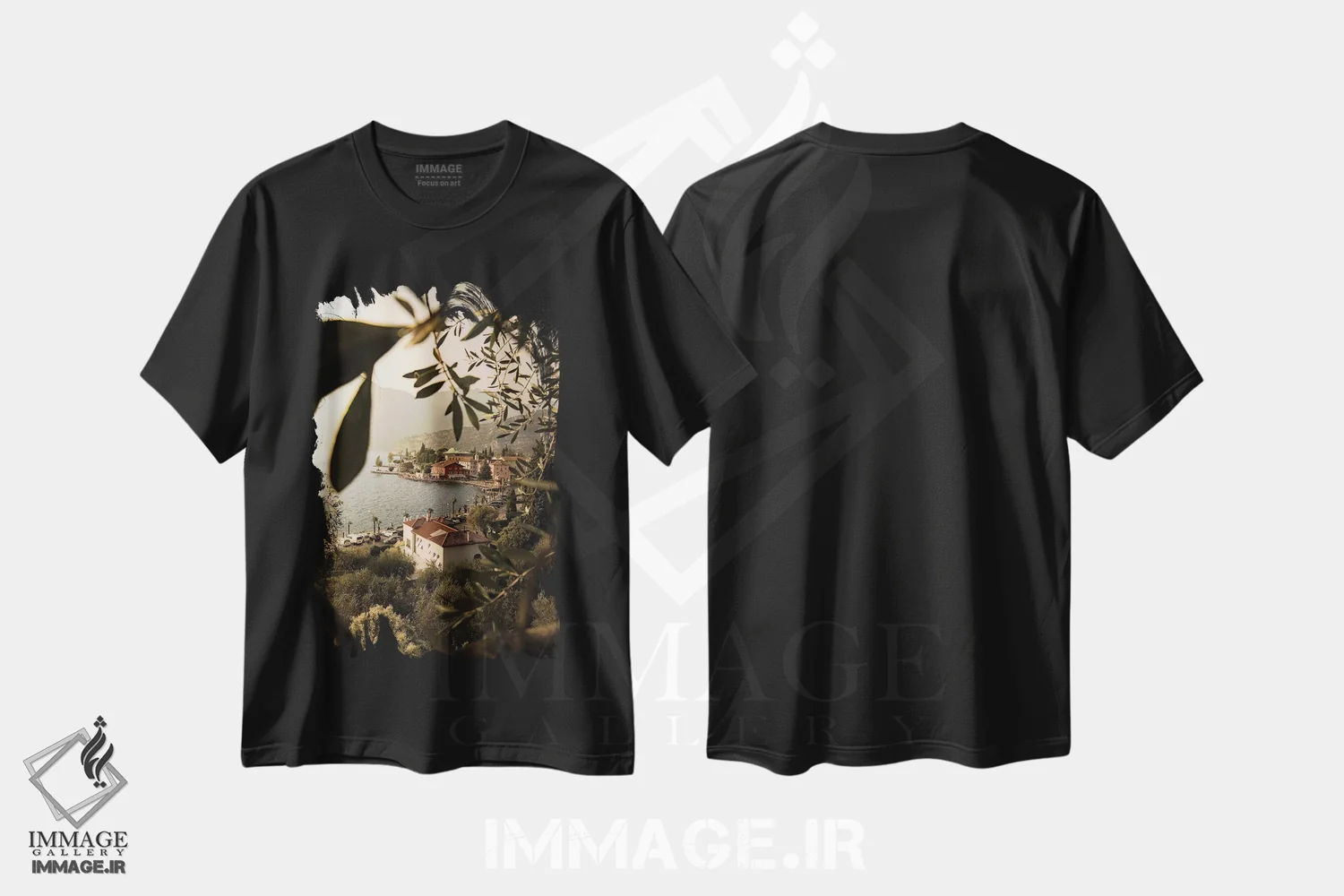 تیشرت مشکی طرح دار دریاچه گاردا توربوله با قاب، مدیوم اثر انزو رومانو | فروشگاه ایماژ