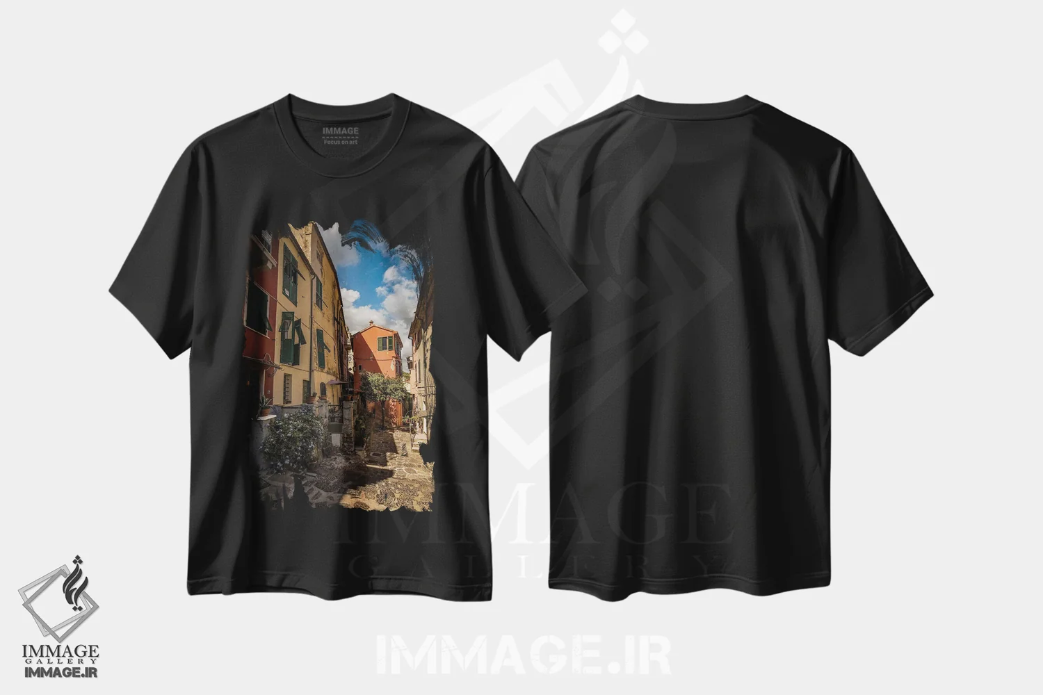 تیشرت مشکی طرح دار خیابان پورتو وِنِره ۲، مدیوم اثر انزو رومانو | فروشگاه ایماژ