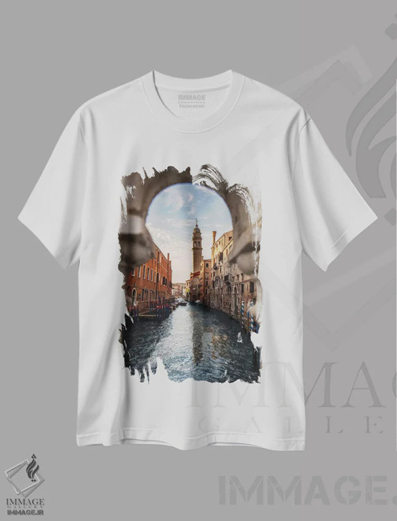 تیشرت سفید طرح دار برج ناقوس سن جورجیو دی گرِچی، ونیز، مدیوم اثر انزو رومانو | فروشگاه ایماژ