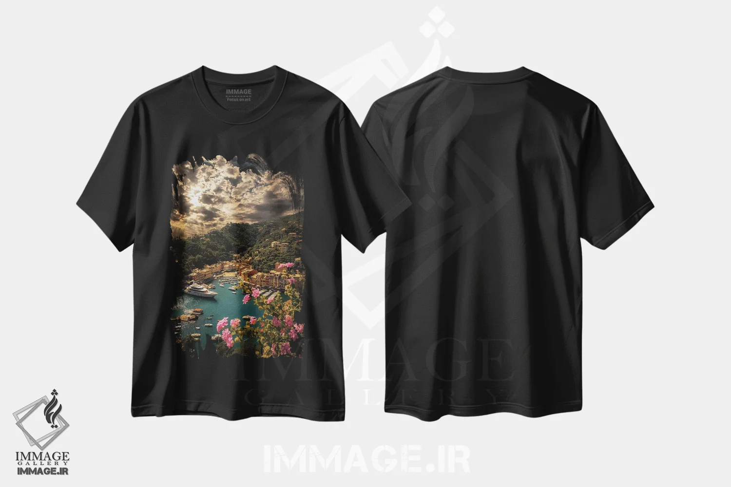تیشرت مشکی طرح دار نمای پانورامای پورتوفینو، عکاسی فوق واقع گرا اثر انزو رومانو | فروشگاه ایماژ