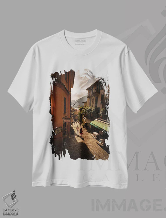 تیشرت سفید طرح دار بلاژیو، دریاچه کومو، ایتالیا، مدیوم اثر انزو رومانو | immage.ir