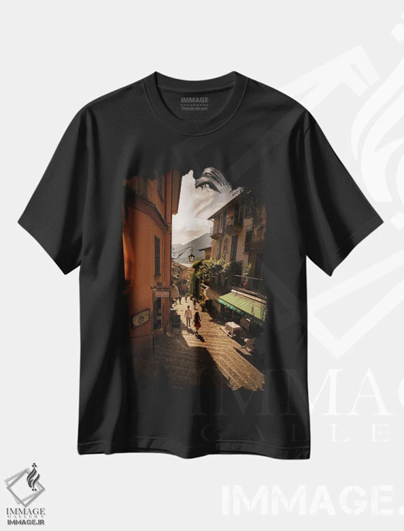 تیشرت مشکی طرح دار بلاژیو، دریاچه کومو، ایتالیا، مدیوم اثر انزو رومانو | فروشگاه ایماژ
