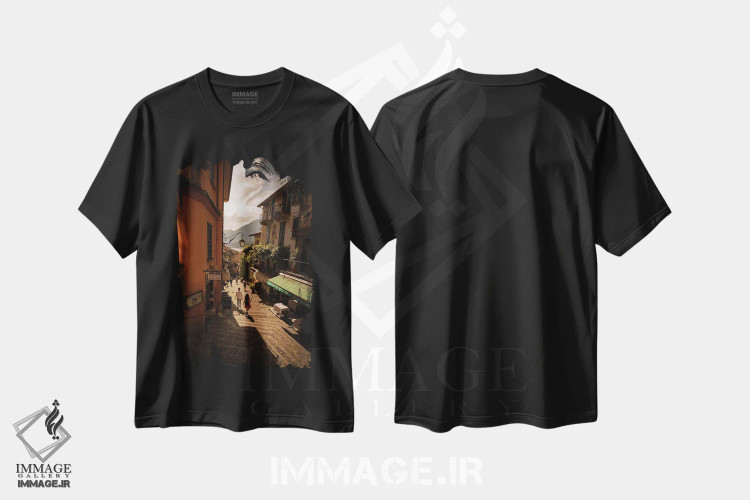 تیشرت مشکی طرح دار بلاژیو، دریاچه کومو، ایتالیا، مدیوم اثر انزو رومانو | فروشگاه ایماژ
