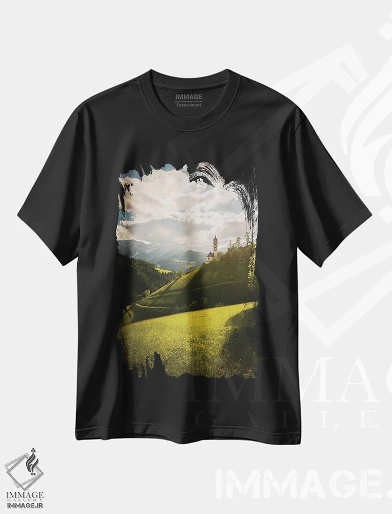 تیشرت مشکی طرح دار کلیسای سانتا باربارا، مدیوم اثر انزو رومانو | فروشگاه ایماژ
