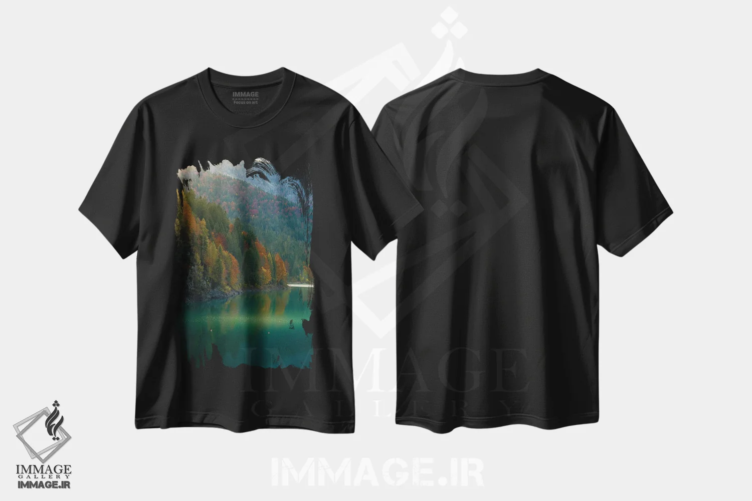 تیشرت مشکی طرح دار دریاچه سائوریس در پاییز، مدیوم اثر انزو رومانو | فروشگاه ایماژ