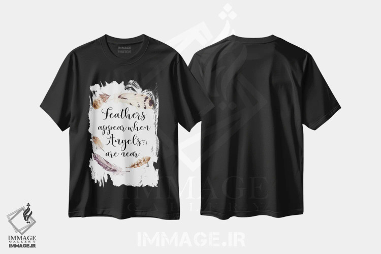 تیشرت مشکی طرح دار پَرها ظاهر می شوند وقتی فرشتگان نزدیک هستند، تزئینی اثر ادن پرینتیبلز | فروشگاه ایماژ