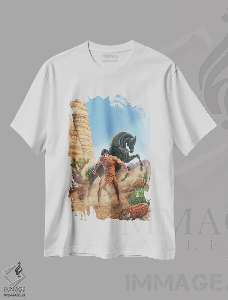 تیشرت سفید طرح دار تارزان و جنگل سنگی، وینتیج و رترو اثر داگلاس کلاوبا | فروشگاه ایماژ
