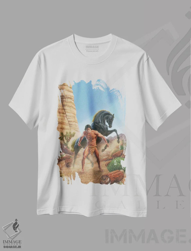 تیشرت سفید طرح دار تارزان و جنگل سنگی، وینتیج و رترو اثر داگلاس کلاوبا | فروشگاه ایماژ