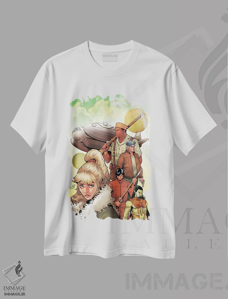 تیشرت سفید طرح دار جین پورتر و شهر آتش، هنر دیجیتال اثر میریانا پولیا و پریا پیلای | فروشگاه ایماژ