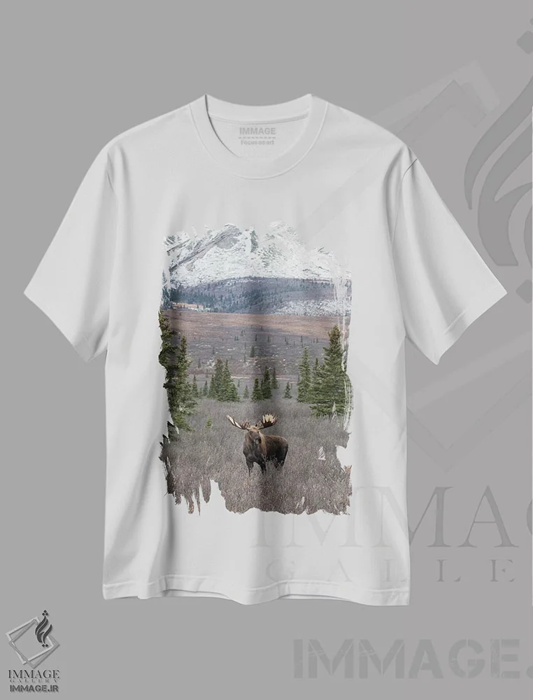 تیشرت سفید طرح دار گوزن دنالی با برف، مدیوم اثر اریک فیشر | immage.ir