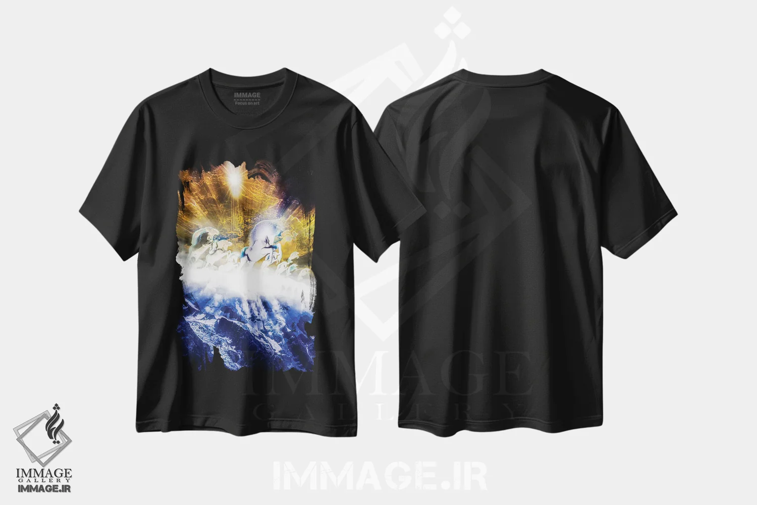 تیشرت مشکی طرح دار کوه مه آلود، دکوراسیون جایگزین اثر ایوان رودز | فروشگاه ایماژ