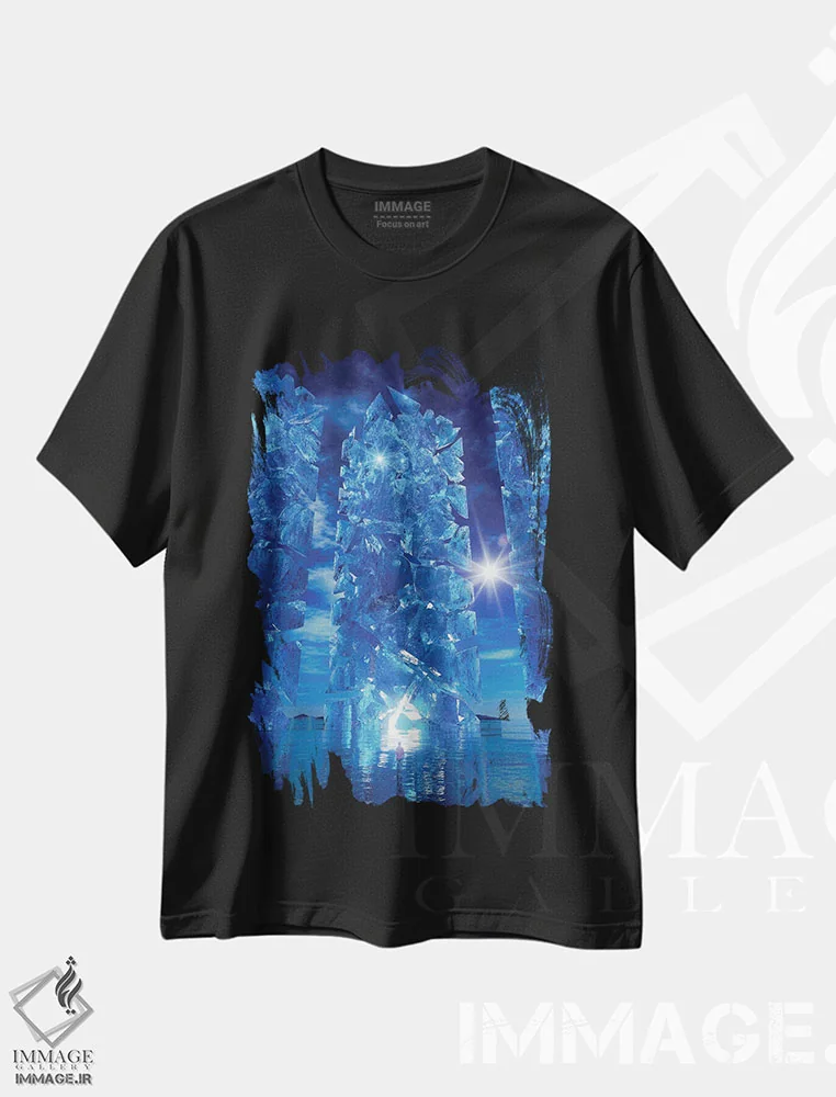 تیشرت مشکی طرح دار تصاویر در آبی، دکوراسیون جایگزین اثر ایوان رودز | فروشگاه ایماژ