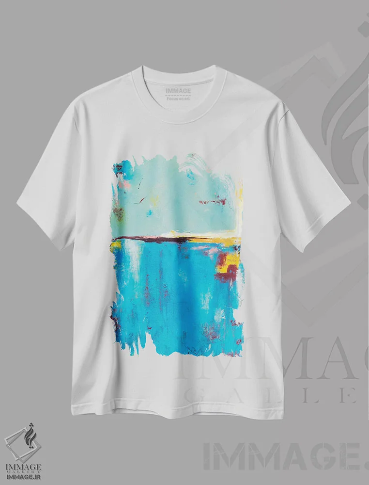 تیشرت سفید طرح دار آبی جعبه کبریت ۵۵ اثر ارین اشلی | فروشگاه ایماژ