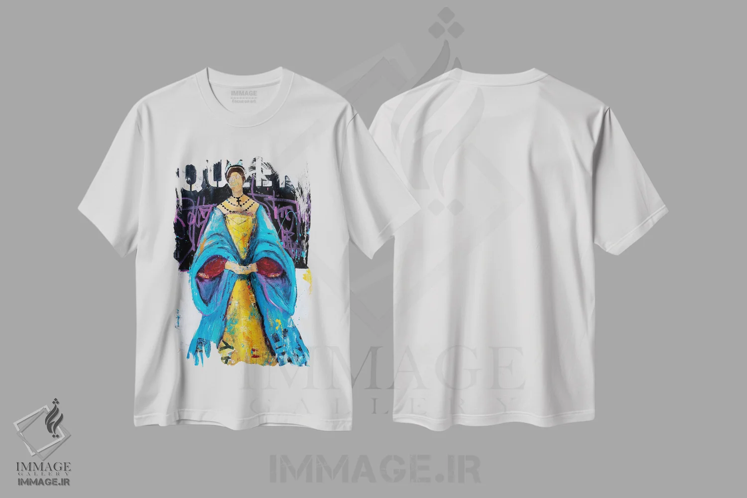 تیشرت سفید طرح دار ملکه در خانه، هنر فاخر معاصر اثر ارین اشلی | immage.ir