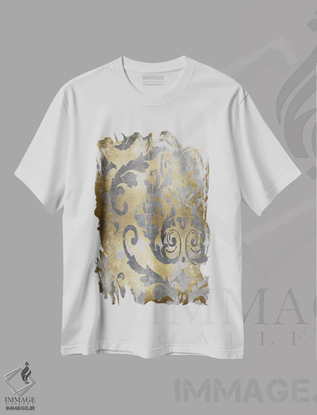 تیشرت سفید طرح دار نقش دمسک طلایی ۲، آبستره اثر الی رابرتز | فروشگاه ایماژ