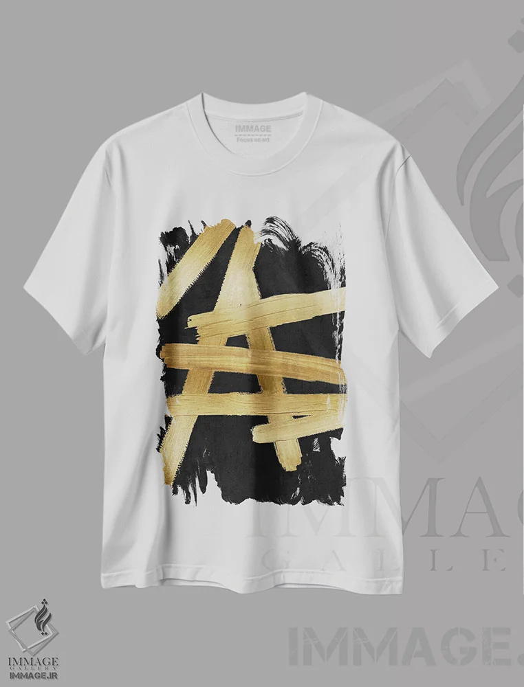 تیشرت سفید طرح دار چهارراه های طلایی روی مشکی III، آبستره اثر الی رابرتز | immage.ir