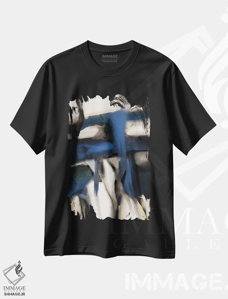 تیشرت مشکی طرح دار راپسودی در آبی اثر روبرتو مورو | فروشگاه ایماژ