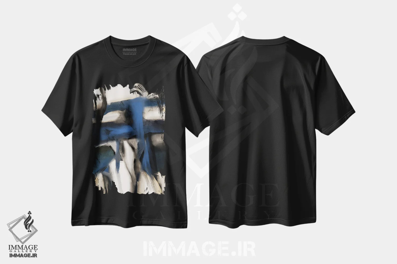 تیشرت مشکی طرح دار راپسودی در آبی اثر روبرتو مورو | فروشگاه ایماژ