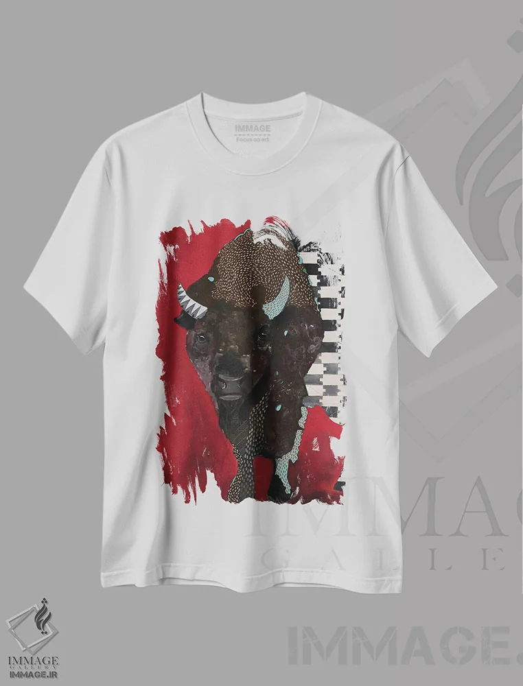 تیشرت سفید طرح دار گاومیش روی زمینه قرمز، هنر فاخر معاصر اثر امیلی رید | immage.ir