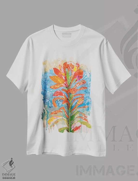تیشرت سفید طرح دار کلاژ گل هندی ۱، دکور معاصر اثر الیزابت سن هیلر | فروشگاه ایماژ