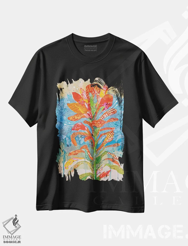 تیشرت مشکی طرح دار کلاژ گل هندی ۱، دکور معاصر اثر الیزابت سن هیلر | immage.ir