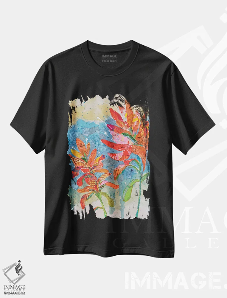 تیشرت مشکی طرح دار کلاژ گل هندی ۲، دکور معاصر اثر الیزابت سن هیلر | فروشگاه ایماژ