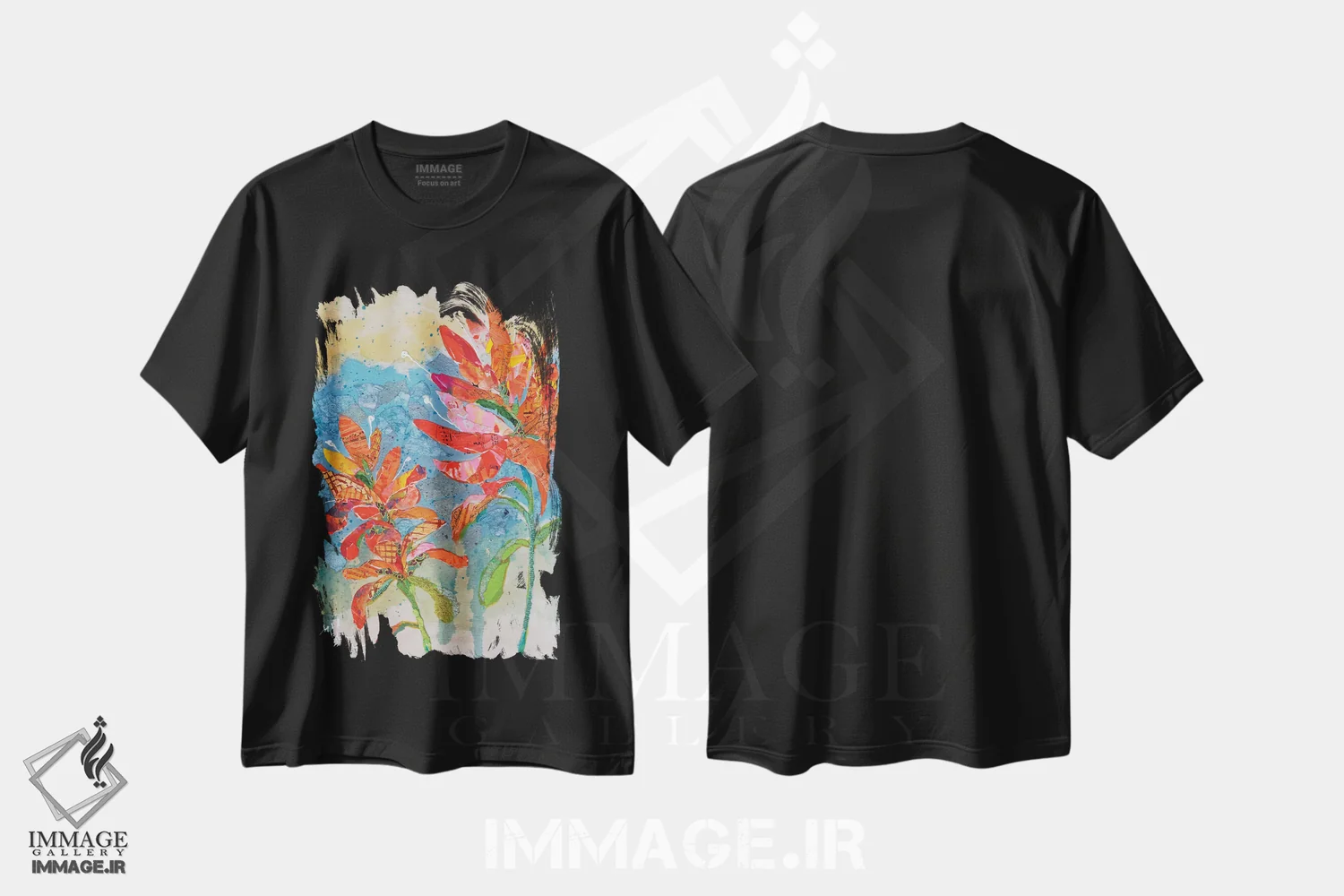 تیشرت مشکی طرح دار کلاژ گل هندی ۲، دکور معاصر اثر الیزابت سن هیلر | فروشگاه ایماژ