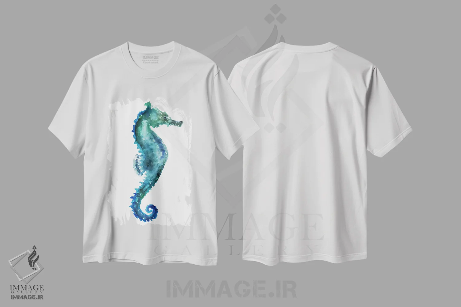 تیشرت سفید طرح دار اسب دریایی، دکور ساحلی اثر ادوارد سلکرک | فروشگاه ایماژ