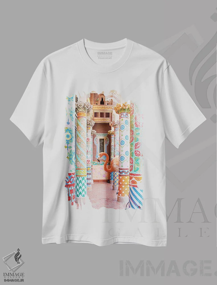 تیشرت سفید طرح دار ستون های فلامینگو، تزئینی اثر ارین سامر | فروشگاه ایماژ