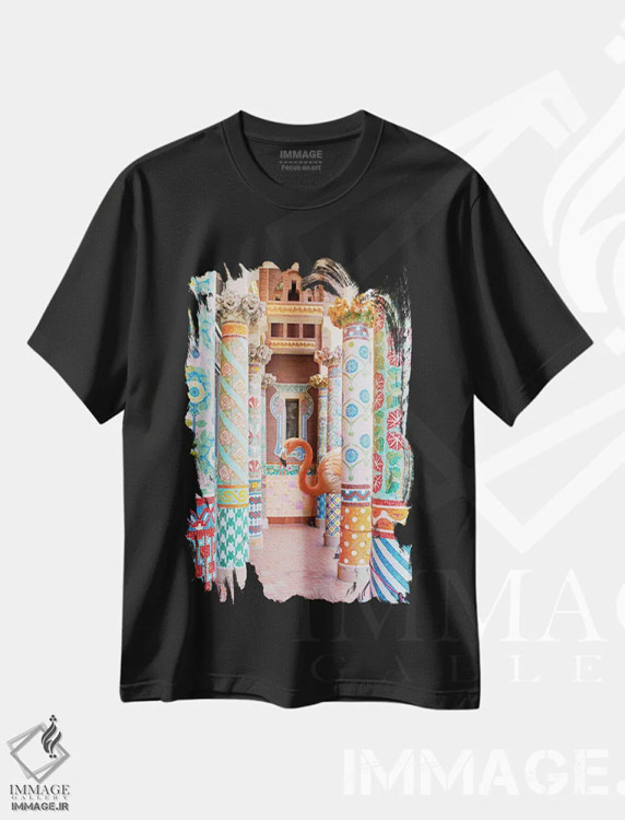 تیشرت مشکی طرح دار ستون های فلامینگو، تزئینی اثر ارین سامر | immage.ir