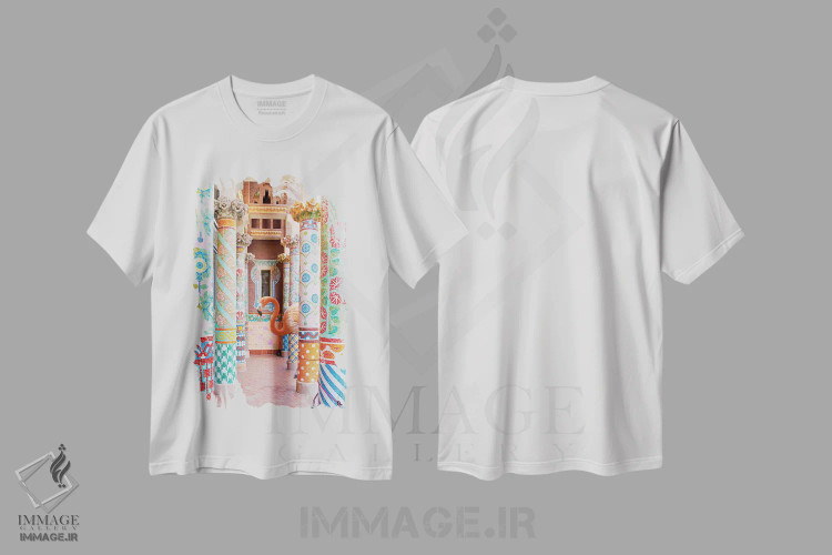 تیشرت سفید طرح دار ستون های فلامینگو، تزئینی اثر ارین سامر | فروشگاه ایماژ