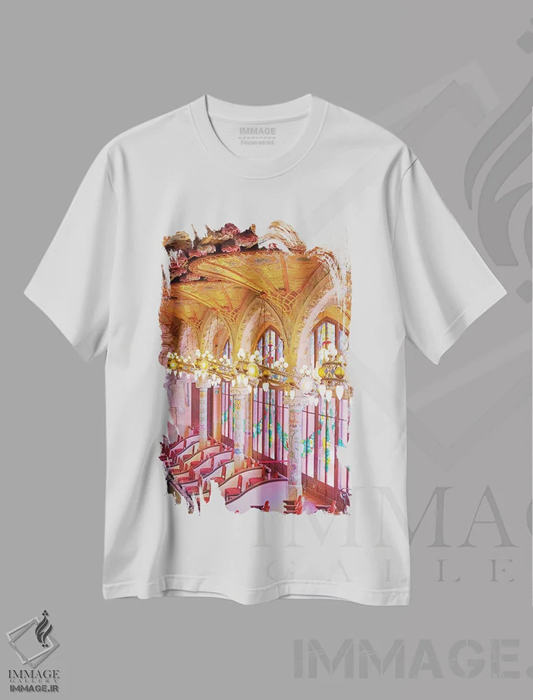 تیشرت سفید طرح دار کاخ موسیقی بارسلونا، مدیوم اثر ارین سامر | immage.ir