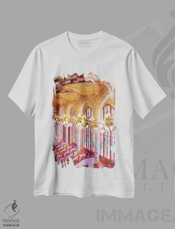 تیشرت سفید طرح دار کاخ موسیقی بارسلونا، مدیوم اثر ارین سامر | immage.ir