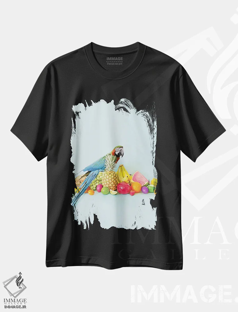 تیشرت مشکی طرح دار پرتره طوطی، تزئینی اثر ارین سامر | فروشگاه ایماژ