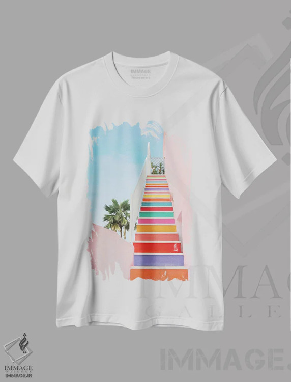 تیشرت سفید طرح دار پله های رنگین کمانی، تزئینی اثر ارین سامر | immage.ir