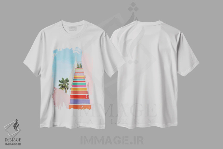 تیشرت سفید طرح دار پله های رنگین کمانی، تزئینی اثر ارین سامر | immage.ir