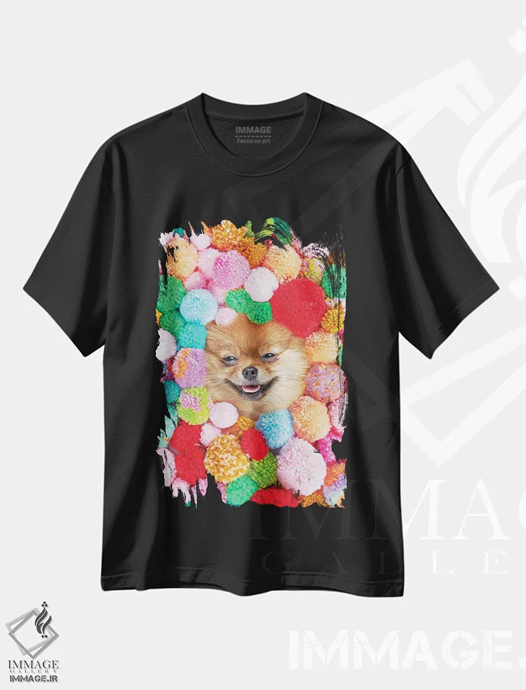 تیشرت مشکی طرح دار پوم پومرانیان، عکاسی ترکیبی اثر ارین سامر | فروشگاه ایماژ