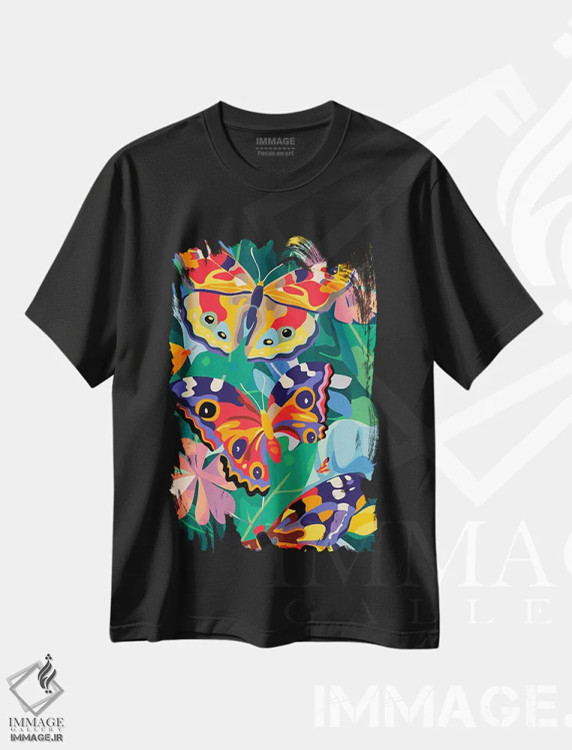 تیشرت مشکی طرح دار پروانه های شاداب، تزئینی اثر ادسون راموس | فروشگاه ایماژ