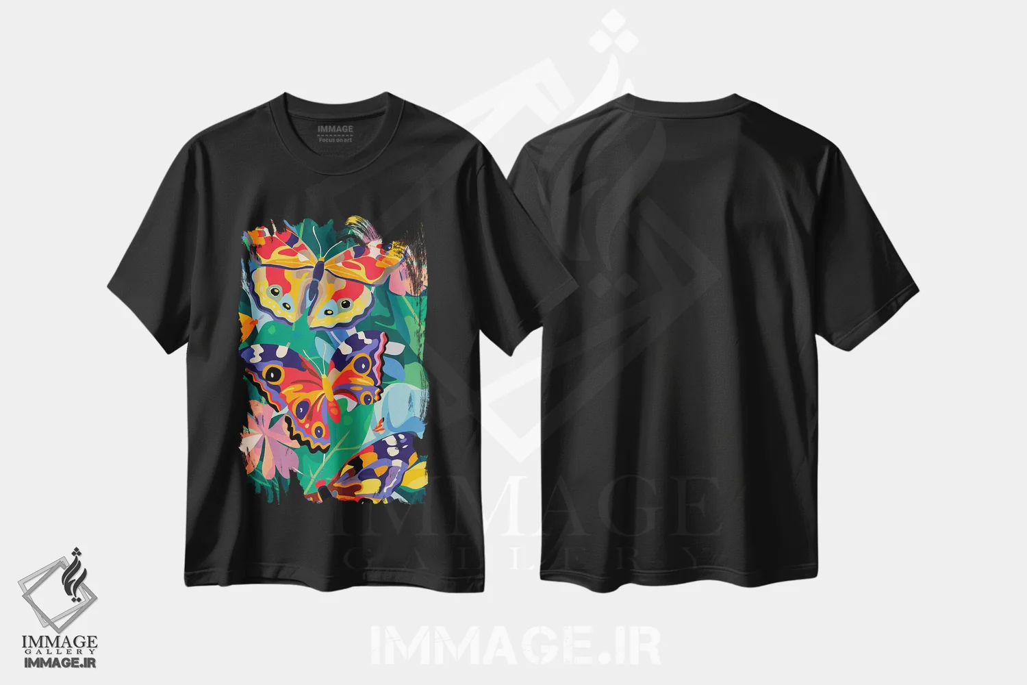 تیشرت مشکی طرح دار پروانه های شاداب، تزئینی اثر ادسون راموس | فروشگاه ایماژ