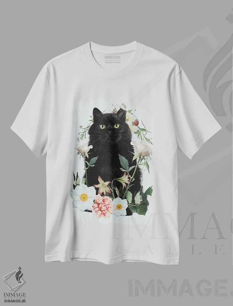 تیشرت سفید طرح دار گربه گل دار، تزئینی اثر ادسون راموس | فروشگاه ایماژ