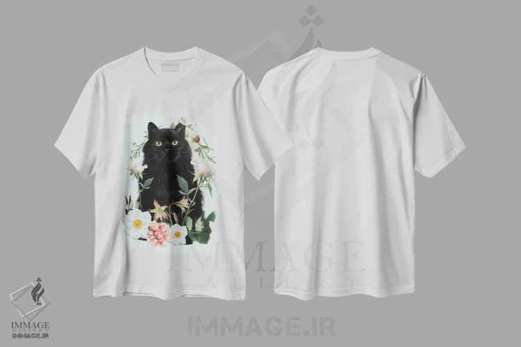 تیشرت سفید طرح دار گربه گل دار، تزئینی اثر ادسون راموس | فروشگاه ایماژ