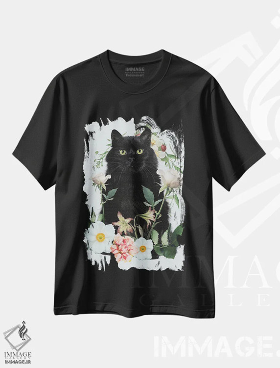 تیشرت مشکی طرح دار گربه گل دار، تزئینی اثر ادسون راموس | immage.ir