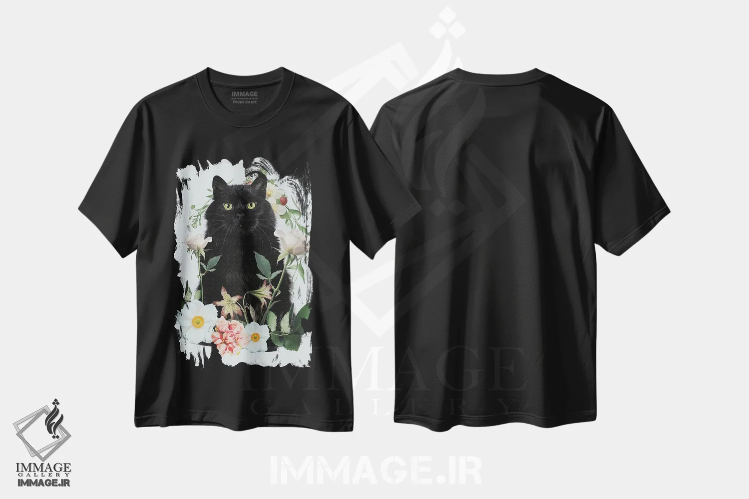 تیشرت مشکی طرح دار گربه گل دار، تزئینی اثر ادسون راموس | immage.ir