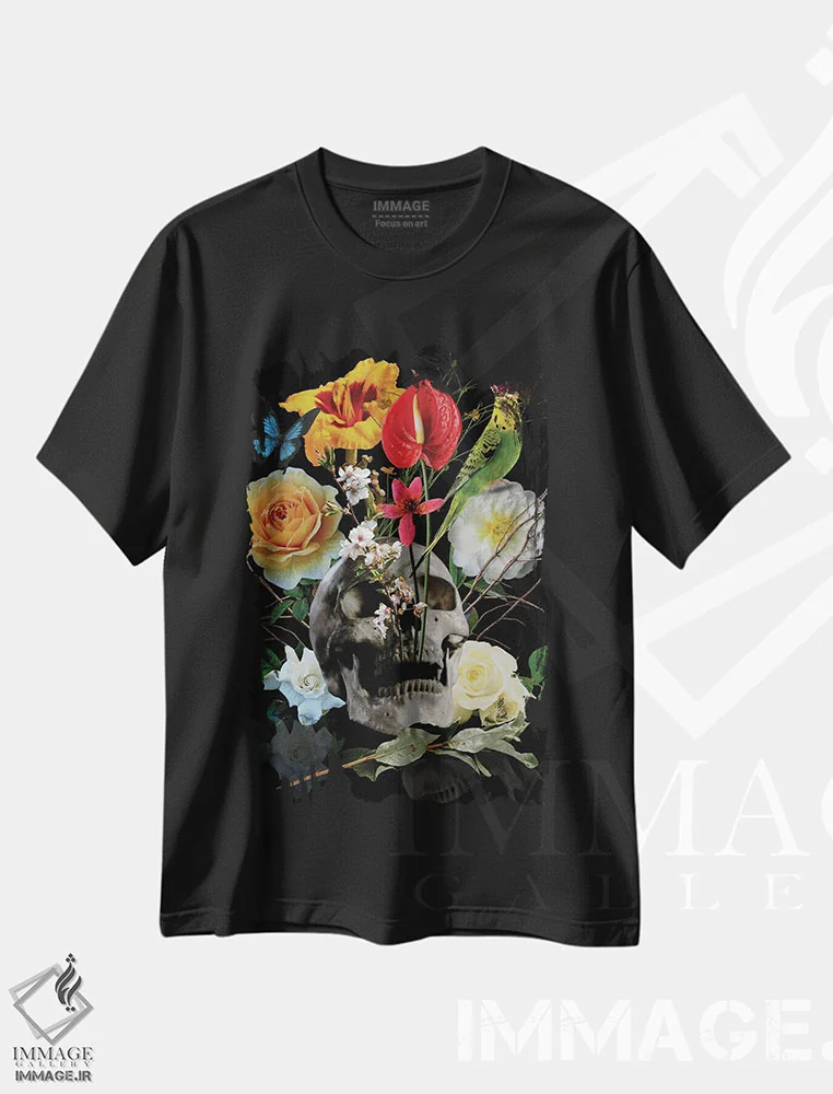 تیشرت مشکی طرح دار گل جمجمه ای، دکوراسیون جایگزین اثر ادسون راموس | immage.ir