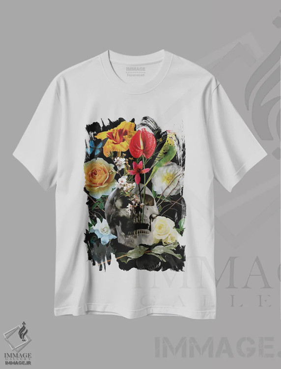 تیشرت سفید طرح دار گل جمجمه ای، دکوراسیون جایگزین اثر ادسون راموس | فروشگاه ایماژ