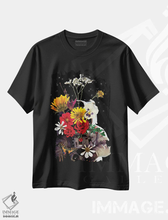 تیشرت مشکی طرح دار هنر کلاژ گل فضانوردی، تزئینی اثر ادسون راموس | فروشگاه ایماژ