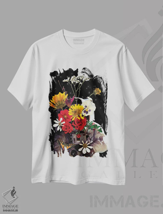 تیشرت سفید طرح دار هنر کلاژ گل فضانوردی، تزئینی اثر ادسون راموس | immage.ir