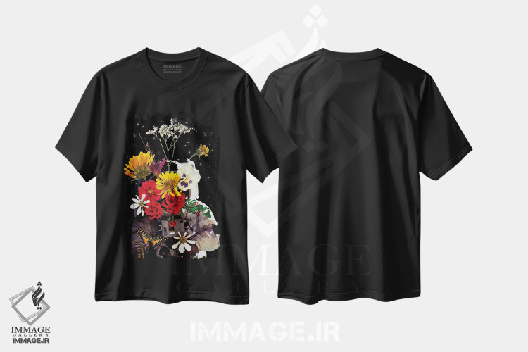 تیشرت مشکی طرح دار هنر کلاژ گل فضانوردی، تزئینی اثر ادسون راموس | فروشگاه ایماژ