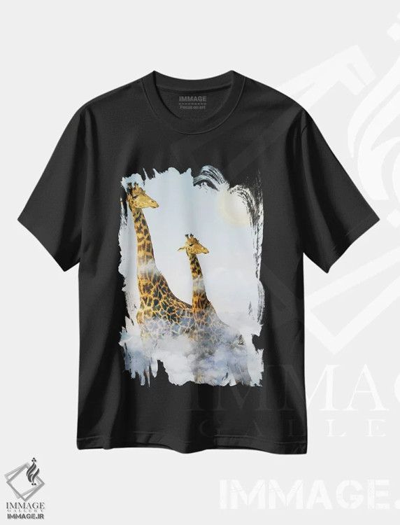 تیشرت مشکی طرح دار زرافه ها و ابرها، تزئینی اثر ادسون راموس | فروشگاه ایماژ